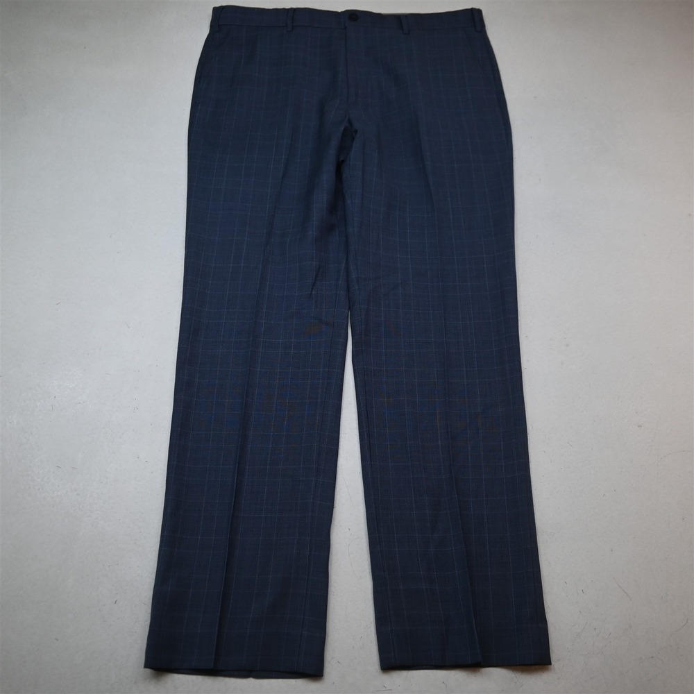 Hart Schaffner Marx 38x32 Blue Glenn Check Wool Flat Front Straight Dress Pants